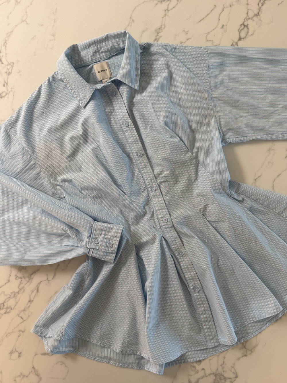 Anthropologie Maeve Long-Sleeve Waisted Buttondown Shirt - Blue Stripe - Size S - Picture 2 of 6